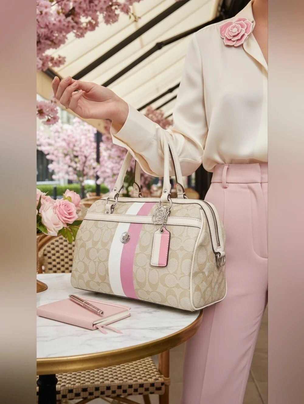 Coach Beige Signature Satchel with Pink and White Stripes